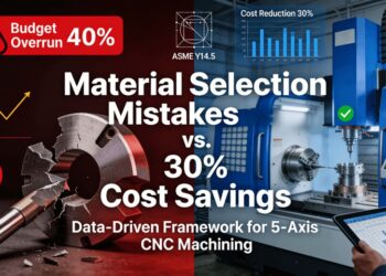 Industrial comparison image showing traditional material selection mistakes (cost overruns, part failures) versus scientific data-driven approach (30% cost savings, precision machining) for 5-axis CNC machining, highlighting ASME Y14.5 and ISO 9001 standards