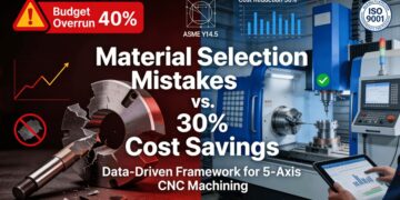 Industrial comparison image showing traditional material selection mistakes (cost overruns, part failures) versus scientific data-driven approach (30% cost savings, precision machining) for 5-axis CNC machining, highlighting ASME Y14.5 and ISO 9001 standards