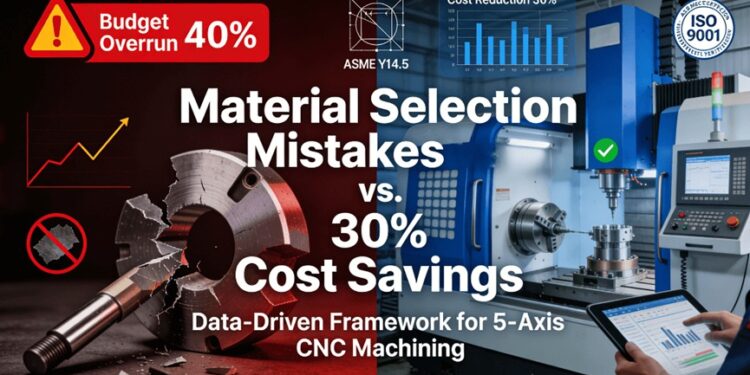Industrial comparison image showing traditional material selection mistakes (cost overruns, part failures) versus scientific data-driven approach (30% cost savings, precision machining) for 5-axis CNC machining, highlighting ASME Y14.5 and ISO 9001 standards