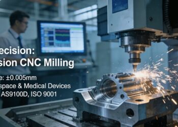 A 5-axis CNC milling machine at JS Precision machining a high-precision aerospace component from titanium, demonstrating advanced manufacturing capabilities for critical industries.