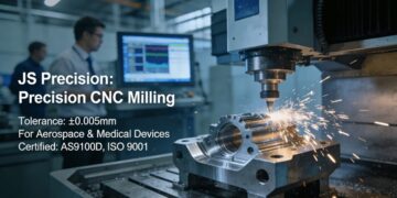 A 5-axis CNC milling machine at JS Precision machining a high-precision aerospace component from titanium, demonstrating advanced manufacturing capabilities for critical industries.